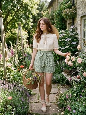 H&M Green Floral Paperbag Waist Shorts Sz.4 NWOT